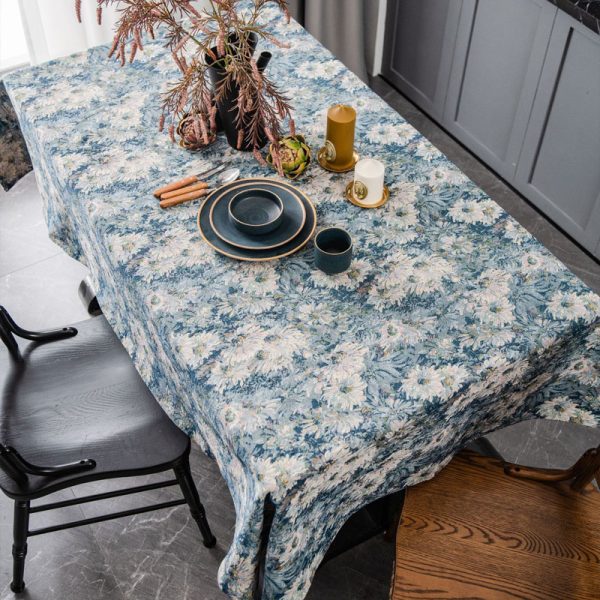 Blue Oil Painting Floral Jacquard Tablecloth - Image 2