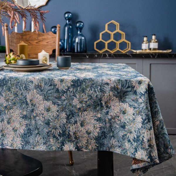 Blue Oil Painting Floral Jacquard Tablecloth - Image 3