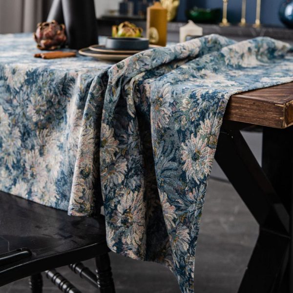 Blue Oil Painting Floral Jacquard Tablecloth - Image 4