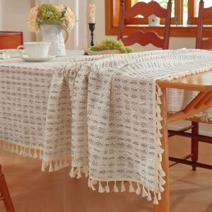 Soft natural cotton tablecloth styled in cozy kitchen