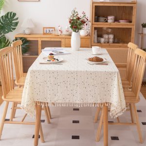 Soft breathable cotton botanical print tablecloth with handmade fringe