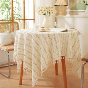 close-up of tassel fringe on cotton tablecloth