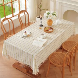 100% cotton floral tablecloth with yellow flowers and tassel trim