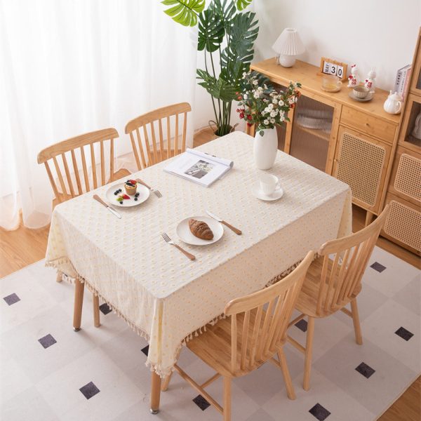 Full view of breathable 100% cotton tablecloth on wooden dining table – vintage farmhouse style