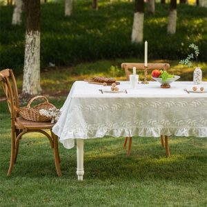 100% cotton embroidered tablecloth with leaf pattern and ruffle edge