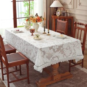 Soft white tablecloth styled in cottage kitchen decor