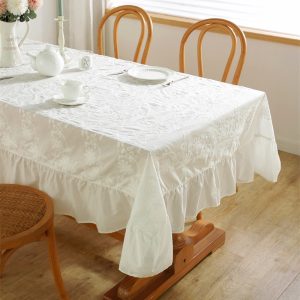 White floral embroidery cotton table cover for farmhouse kitchen table