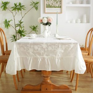 Elegant 100% cotton embroidered tablecloth with ruffle edge for vintage dining