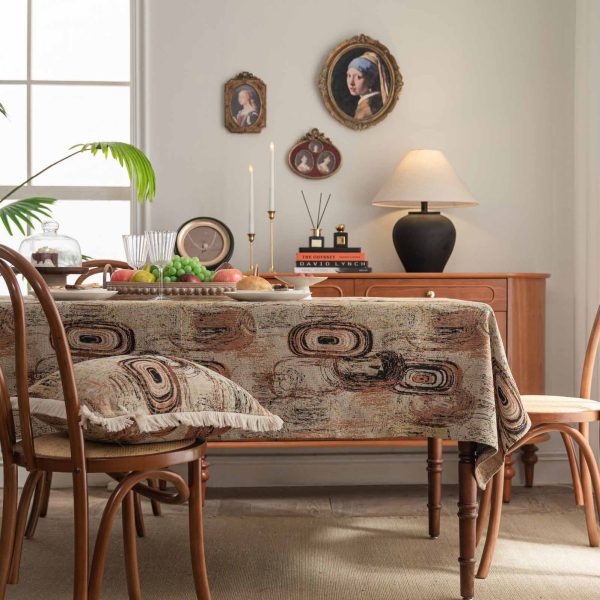 Retro-style cotton linen tablecloth with abstract jacquard design in coffee brown tones, ideal for artistic or mid-century modern dining spaces.