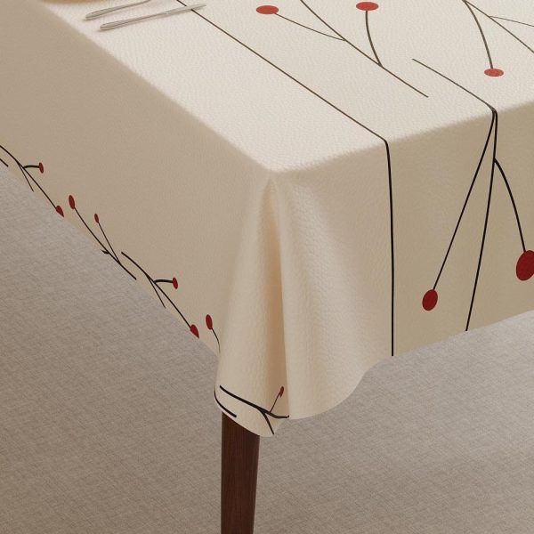 Elegant faux leather waterproof tablecloth with red dotted design, perfect for modern dining spaces and outdoor meals.