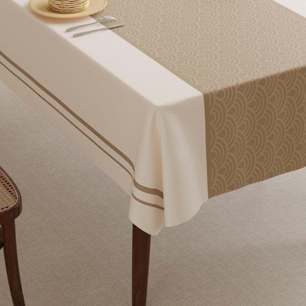 Close-up of wipeable tablecloth fabric featuring elegant wave pattern