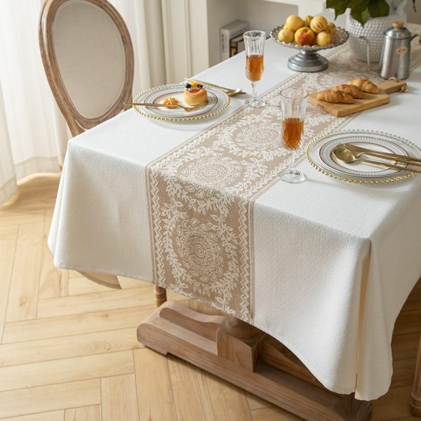 Cotton-linen champagne tablecloth with delicate floral wreath pattern in Scandinavian style