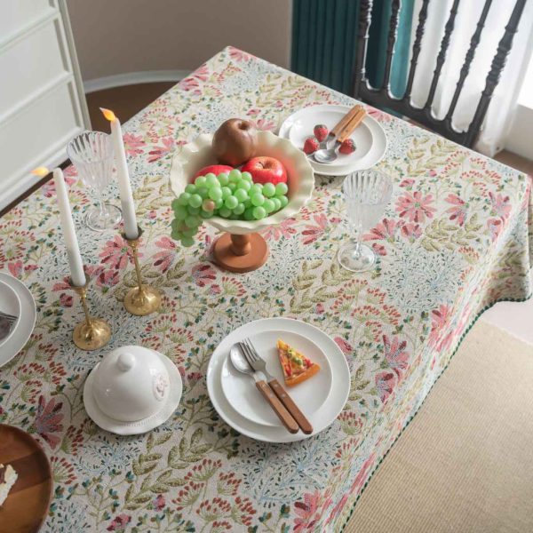 Pink lily embroidered cotton polyester tablecloth with floral pattern in French country style – ideal for spring dining, weddings, or home décor.