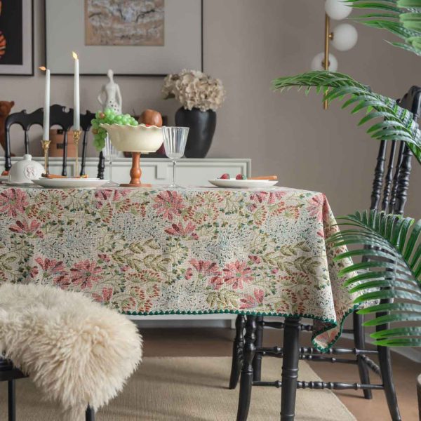 Pink lily embroidered cotton polyester tablecloth with floral pattern in French country style – ideal for spring dining, weddings, or home décor.