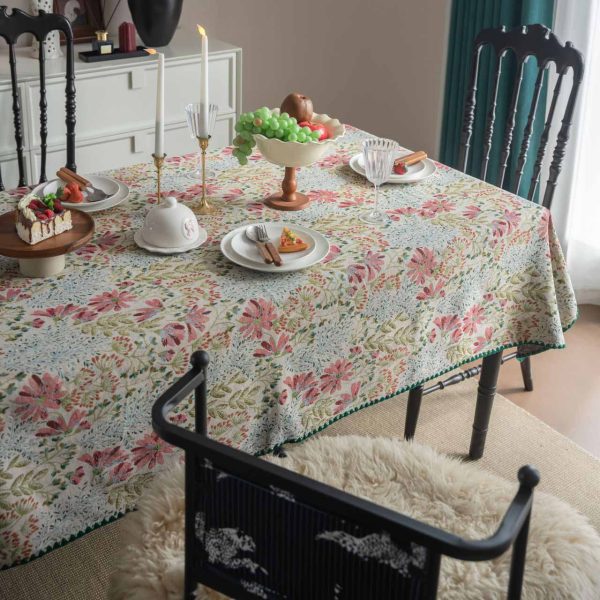Pink lily embroidered cotton polyester tablecloth with floral pattern in French country style – ideal for spring dining, weddings, or home décor.