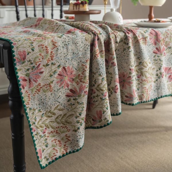 Pink lily embroidered cotton polyester tablecloth with floral pattern in French country style – ideal for spring dining, weddings, or home décor.