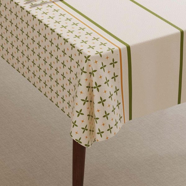 Close-up view of wipeable tablecloth fabric with vintage country flower print