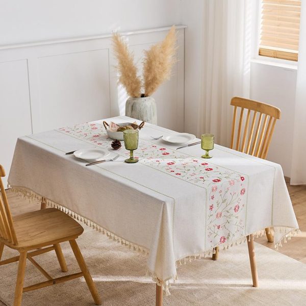 white floral tablecloth, embroidered polyester tablecloth, red flower tablecloth, tassel edge tablecloth, washable dining tablecloth, cottagecore tablecloth, boho tablecloth, soft polyester tablecloth, rustic kitchen decor, outdoor tablecloth