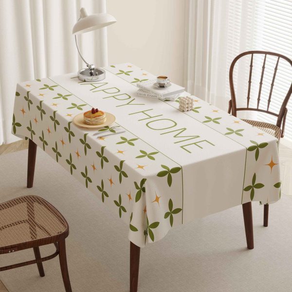 Faux leather beige floral tablecloth with "HAPPY HOME" message, perfect for indoor and outdoor dining.