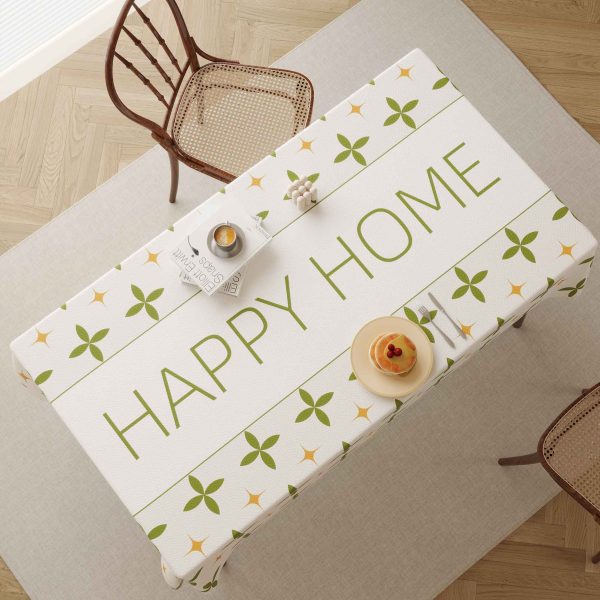 Faux leather beige floral tablecloth with "HAPPY HOME" message, perfect for indoor and outdoor dining.
