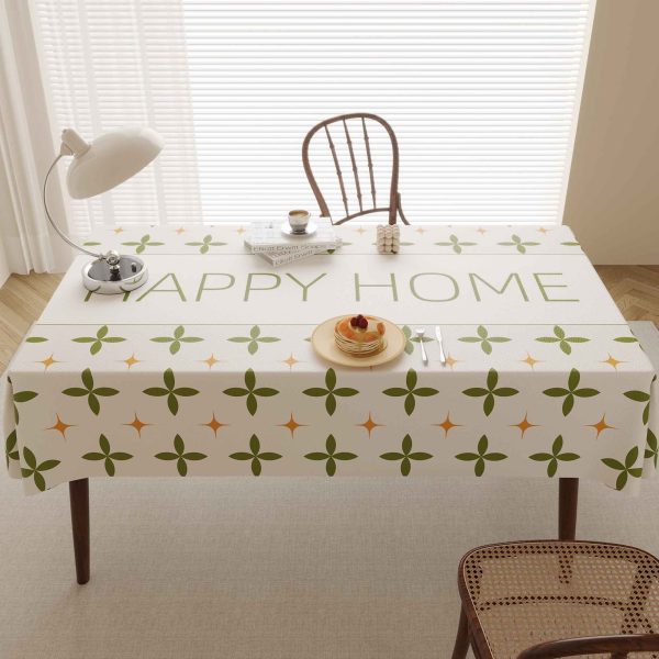 Faux leather beige floral tablecloth with "HAPPY HOME" message, perfect for indoor and outdoor dining.