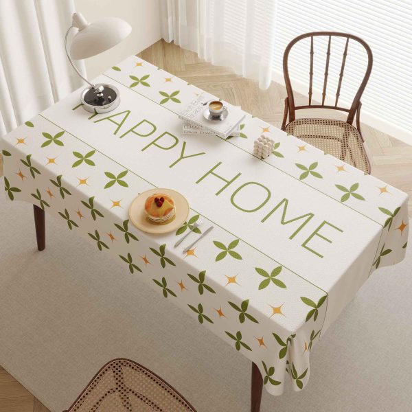 Faux leather beige floral tablecloth with "HAPPY HOME" message, perfect for indoor and outdoor dining.