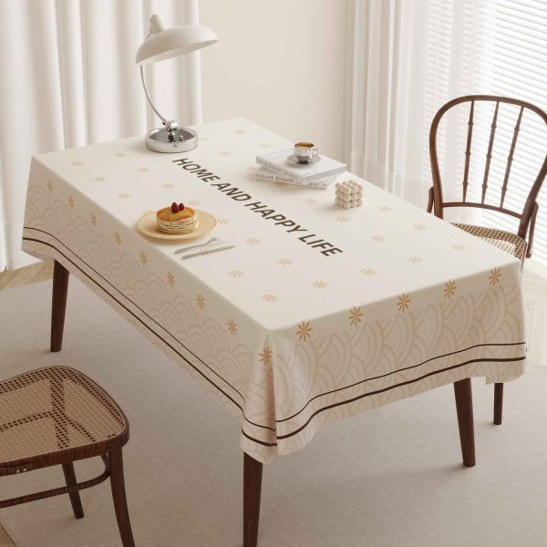 Elegant faux leather tablecloth with wave pattern and “HOME AND HAPPY LIFE” design, perfect for modern homes and dining areas.