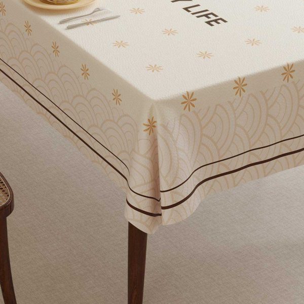 Elegant faux leather tablecloth with wave pattern and “HOME AND HAPPY LIFE” design, perfect for modern homes and dining areas.