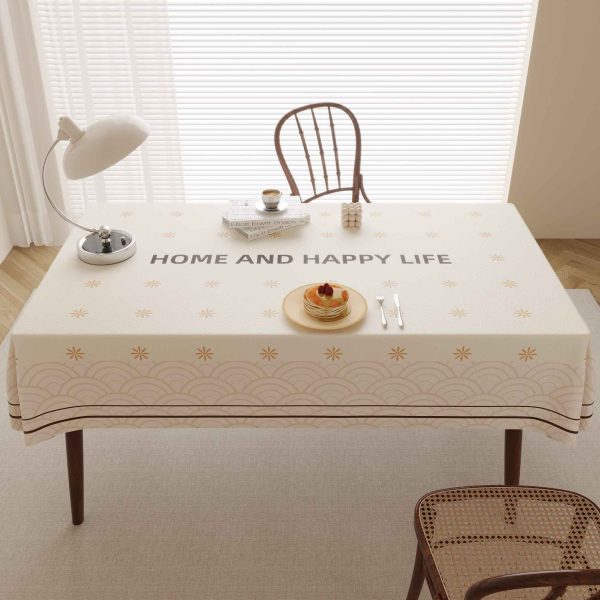 Elegant faux leather tablecloth with wave pattern and “HOME AND HAPPY LIFE” design, perfect for modern homes and dining areas.
