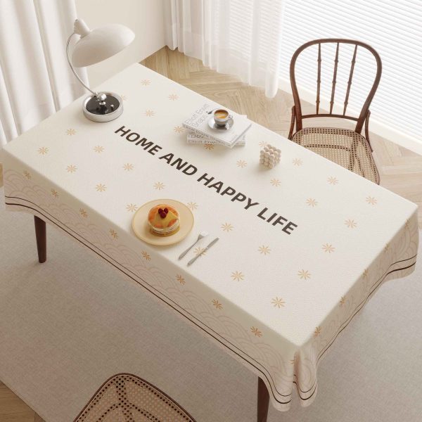 Elegant faux leather tablecloth with wave pattern and “HOME AND HAPPY LIFE” design, perfect for modern homes and dining areas.