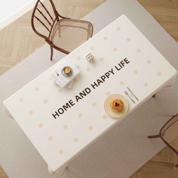 Elegant faux leather tablecloth with wave pattern and “HOME AND HAPPY LIFE” design, perfect for modern homes and dining areas.