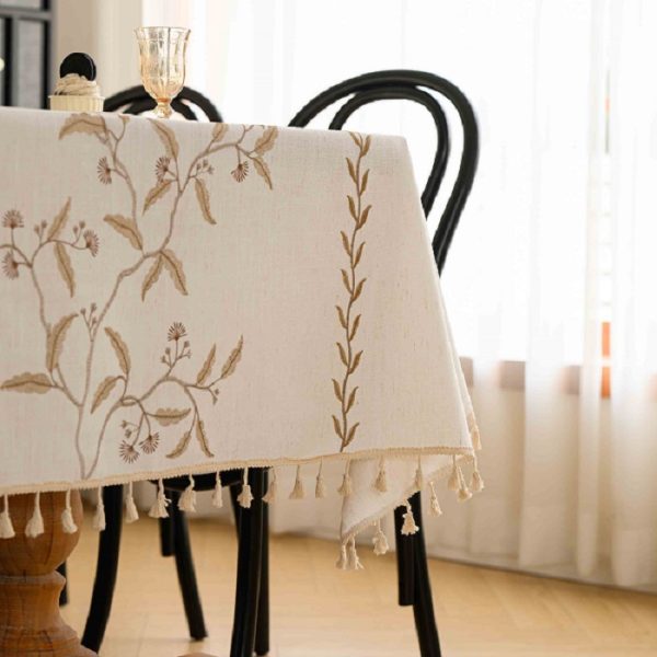 🌸 French Country Embroidered Tablecloth – Faux Linen with Brown Floral Design & Tassels - Image 4