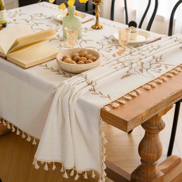🌸 French Country Embroidered Tablecloth – Faux Linen with Brown Floral Design & Tassels - Image 3