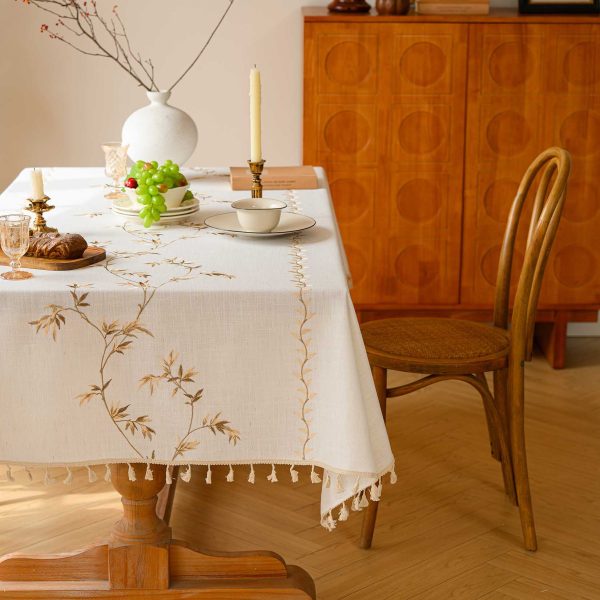 Close-up of waterproof and wipeable surface on a natural-toned tablecloth