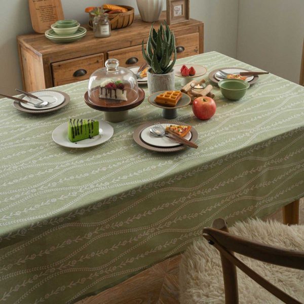 Olive green cotton-linen tablecloth with floral stripe pattern, rustic Nordic style, soft breathable fabric for home dining or café use.