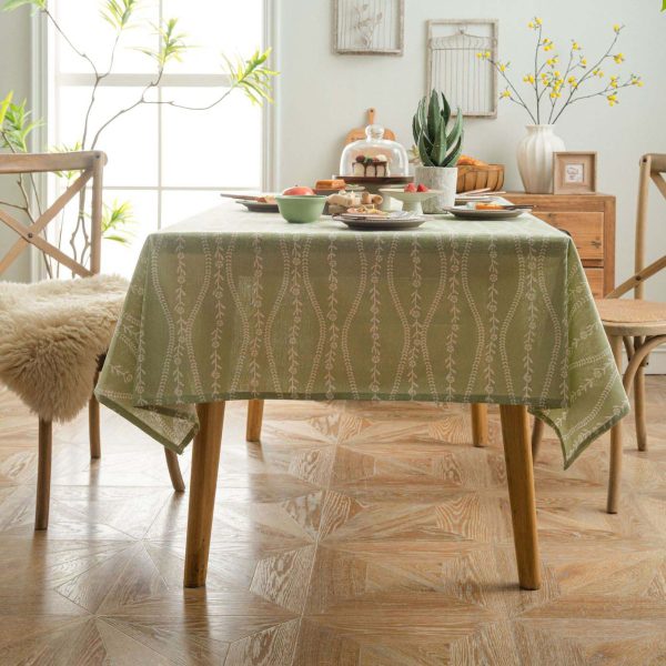 Olive green cotton-linen tablecloth with floral stripe pattern, rustic Nordic style, soft breathable fabric for home dining or café use.