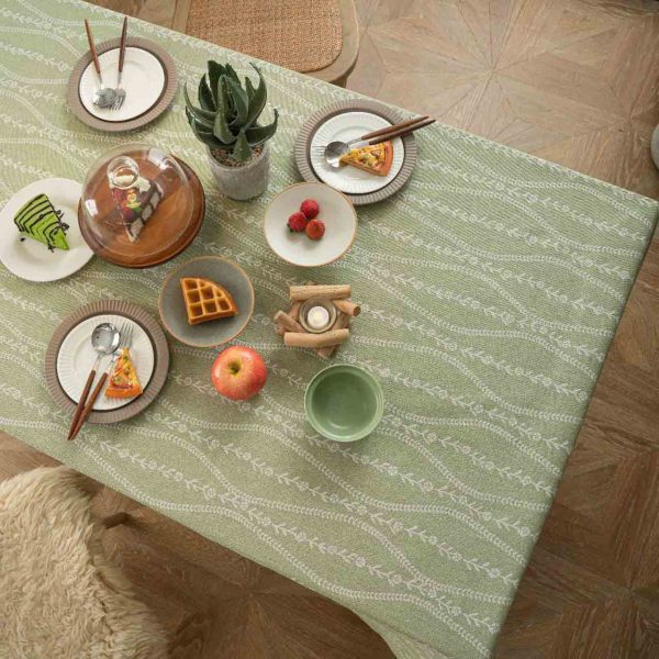 Olive green cotton-linen tablecloth with floral stripe pattern, rustic Nordic style, soft breathable fabric for home dining or café use.