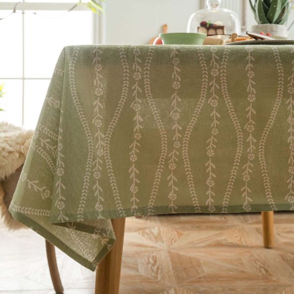 Olive green cotton-linen tablecloth with floral stripe pattern, rustic Nordic style, soft breathable fabric for home dining or café use.