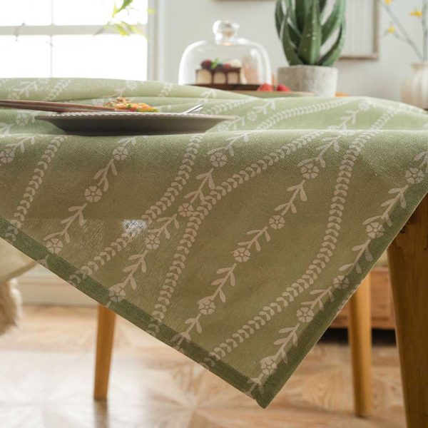 Olive green cotton-linen tablecloth with floral stripe pattern, rustic Nordic style, soft breathable fabric for home dining or café use.