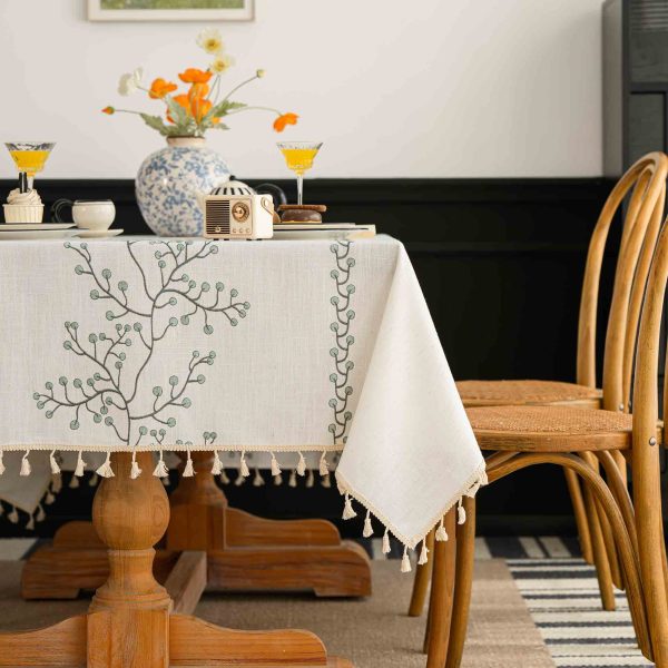 Nordic-style washable tablecloth with tassels and soft green embroidery