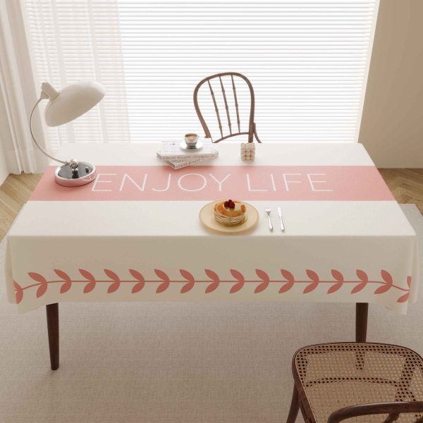 Beige faux leather waterproof tablecloth with pink stripes and “ENJOY LIFE” lettering