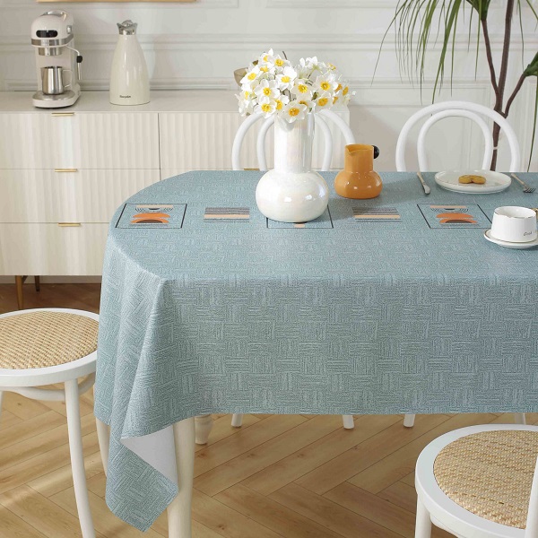 Light blue geometric waterproof tablecloth made of wipeable PVC oilcloth, ideal for kitchen or outdoor dining