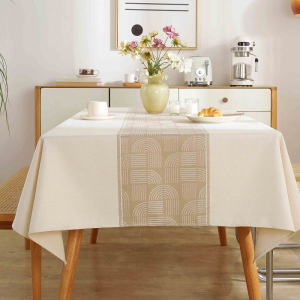 Geometric faux linen picnic tablecloth with elastic fitted design on 6-foot outdoor table
