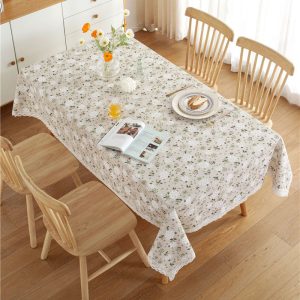 Soft cotton-polyester tablecloth with printed flowers and delicate lace edges
