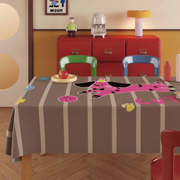 Brown faux leather waterproof tablecloth with cartoon dog and colorful stripe pattern on a rectangle dining table