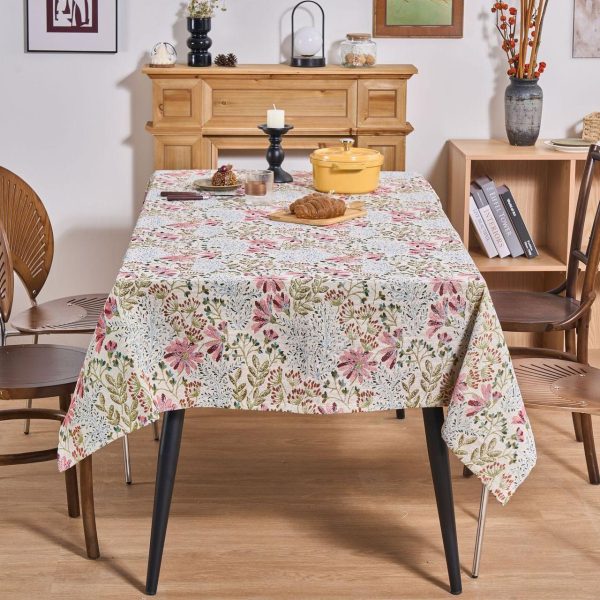 Elegant lily jacquard tablecloth draped on wooden dining table