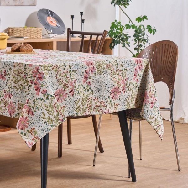 Close-up of cotton-blend jacquard fabric with soft floral weaving