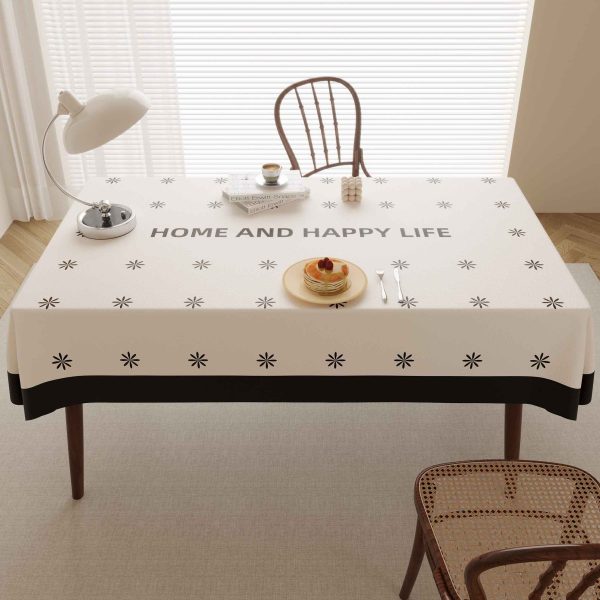Beige faux leather tablecloth with black border and star pattern, ideal for home, outdoor, and restaurant use.