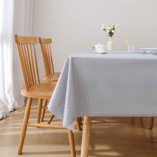 Modern grey waterproof geometric tablecloth made of PVC, perfect for everyday dining and outdoor use