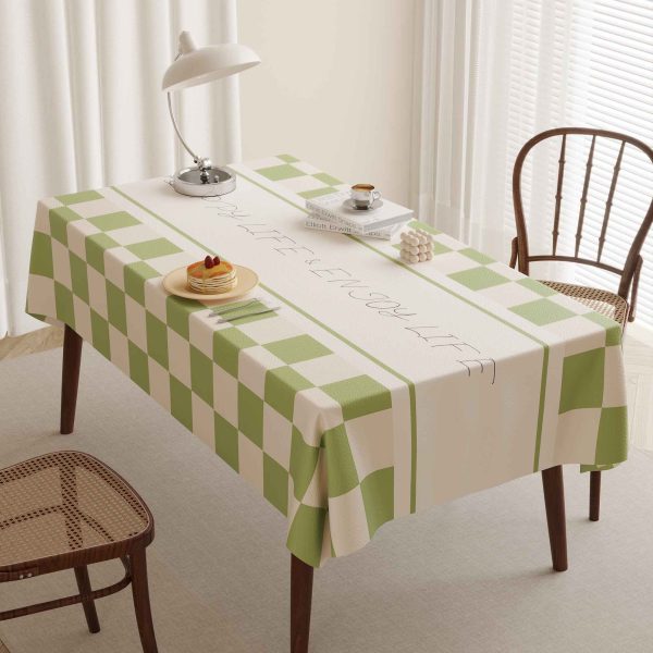 Elegant faux leather waterproof tablecloth with green checkered design and ENJOY LIFE message, perfect for modern homes and outdoor dining.